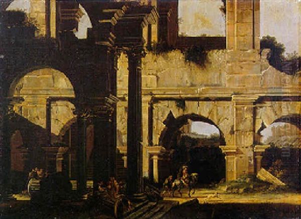 Un Cavaliere Con Un Paggio, Un Edificio Antico Diroccato Di Ordine Dorico A Pianta Basilicale Oil Painting by Niccolo Codazzi