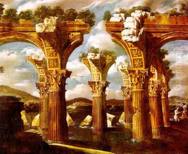 Capriccio Of A Corinthian Arcade With The Baptism Of Christ Oil Painting by Niccolo Codazzi