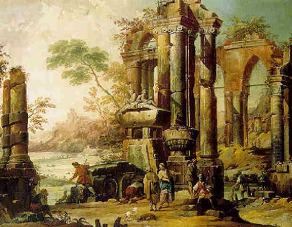 A Capriccio Of Classical Ruins With Peasants Resting Oil Painting by Niccolo Codazzi