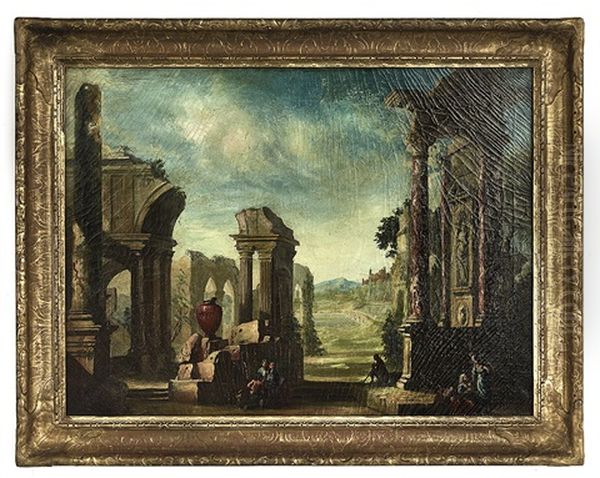 Capriccio, Travelers Resting Amid Roman Ruins Oil Painting by Viviano Codazzi