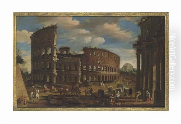 An Architectural Capriccio With Figures Bustling Before The Colosseum Oil Painting by Viviano Codazzi