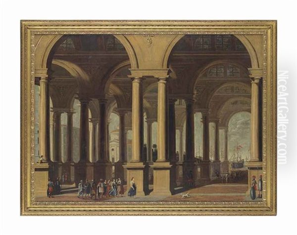 An Architectural Capriccio With Figures, A Port With Ships Beyond Oil Painting by Viviano Codazzi