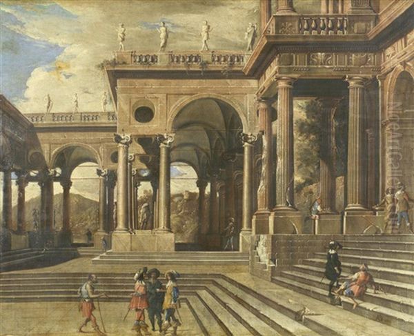 An Architectural Capriccio With Figures Before A Portico Oil Painting by Viviano Codazzi