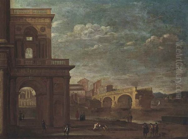 The Ponte Rotto, Rome, With Figures Before A Palace In The Foreground And Shipping On The Tiber Beyond Oil Painting by Viviano Codazzi