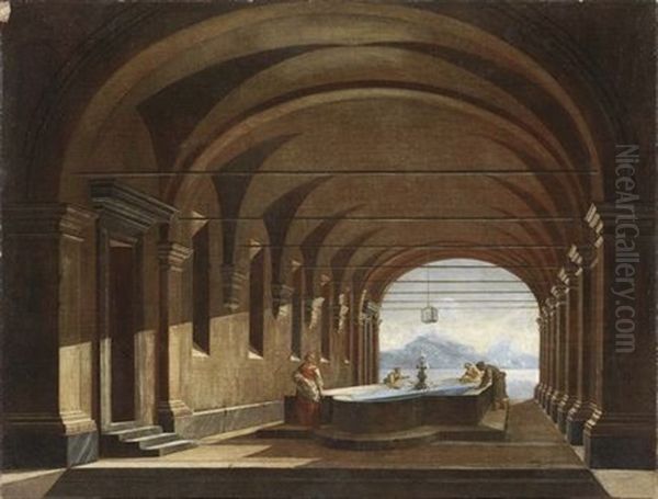 Architettura Con Vasca E Lavandaie Oil Painting by Viviano Codazzi