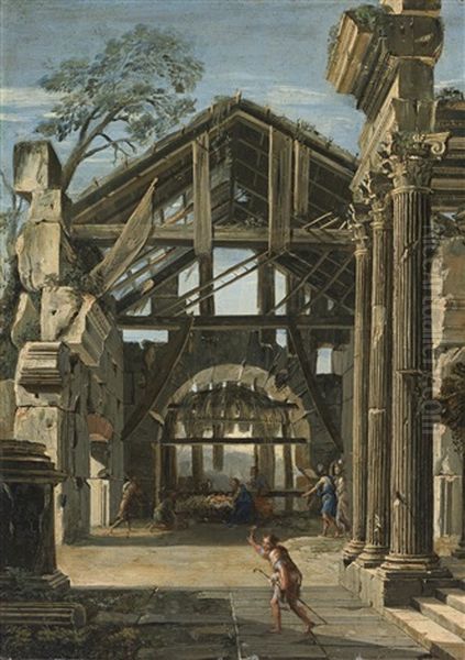 The Nativity In An Ancient Ruin Oil Painting by Viviano Codazzi