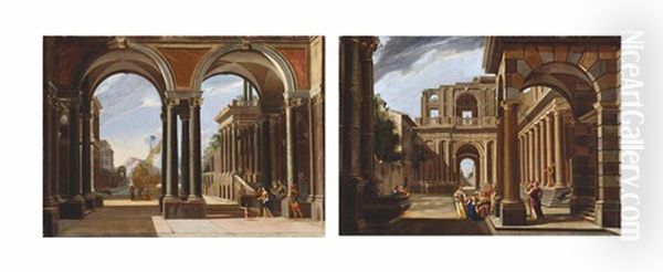 An Architectural Capriccio With Helena Leaving For Troy (+ An Architectural Capriccio With Achilles Amongst The Daughters Of King Lycomedes; Pair) by Viviano Codazzi