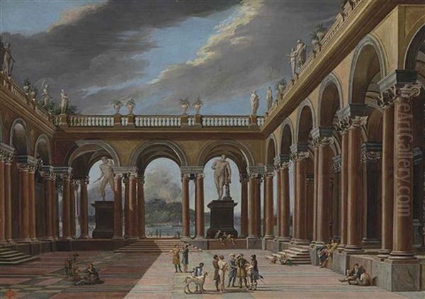 An Architectural Capriccio Of A Loggia With Elegantly-dressed Figures, The Sea And Mountains Beyond by Viviano Codazzi