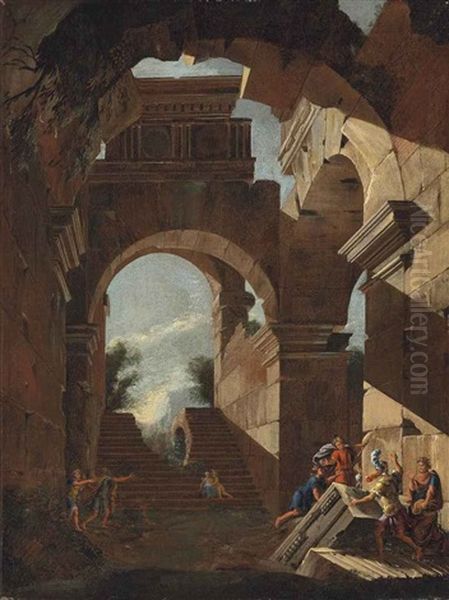 An Architectural Capriccio With Figures Amongst Ruins Oil Painting by Viviano Codazzi