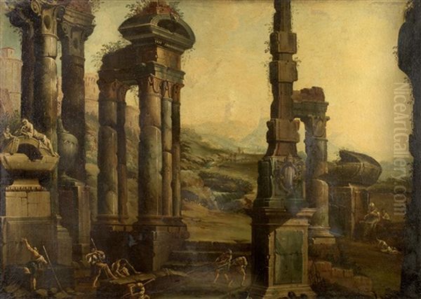 Figures In An Architectural Capriccio Oil Painting by Viviano Codazzi