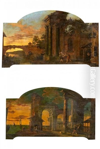 Zwei Supraporten. Gegenstucke. Capriccio Mit Romischen Motiven (pair) Oil Painting by Viviano Codazzi