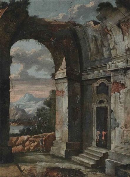 An Architectural Capriccio With Figures Conversing, A Landscape Beyond by Viviano Codazzi