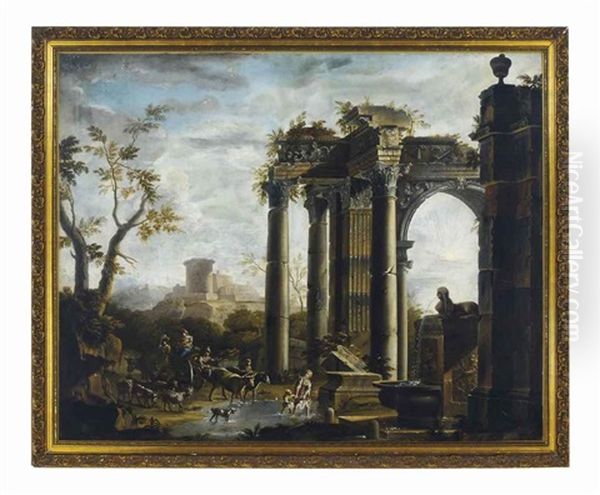 Travellers In A Landscape By Classical Ruins Oil Painting by Viviano Codazzi