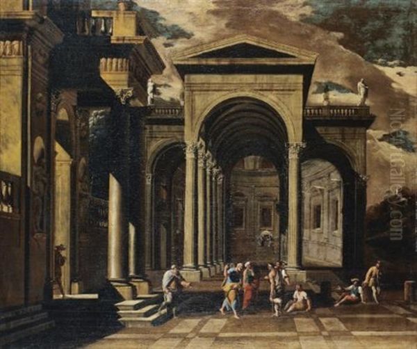 A Capriccio Of The Exterior Of An Elaborate Palace With Saint Peter Healing The Lame (+ A Capriccio Of The Internal Courtyard Of A Ruined Palace With The Miracle Of Saint Paul; Pair) Oil Painting by Viviano Codazzi