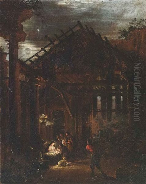 Capriccio Di Rovine Con Adorazione Dei Pastori (collab. W/an Anonymous Roman Artist) Oil Painting by Viviano Codazzi