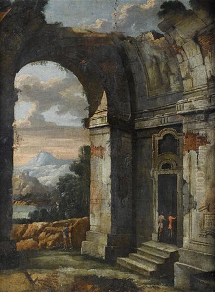 A Classical Capriccio With Figures Entering A Ruined Building Oil Painting by Viviano Codazzi