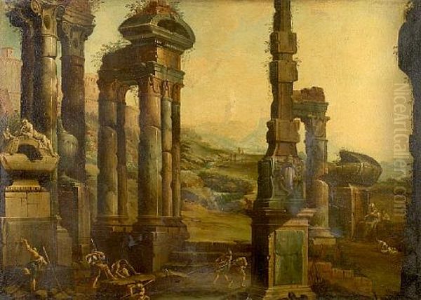 Figures In An Architectural Capriccio Oil Painting by Viviano Codazzi