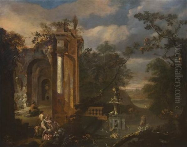 An Italianate Landscape With Various Nymphs Bathing And Resting Amongst Ruins Oil Painting by Viviano Codazzi