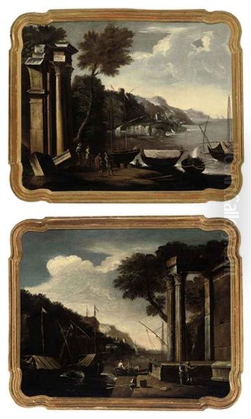 A Capriccio Of Classical Ruins Near The Coast With Figures (+ A Capriccio Of Classical Ruins Near The Coast With Figures On A Boat And A Man Fishing; Pair) Oil Painting by Viviano Codazzi