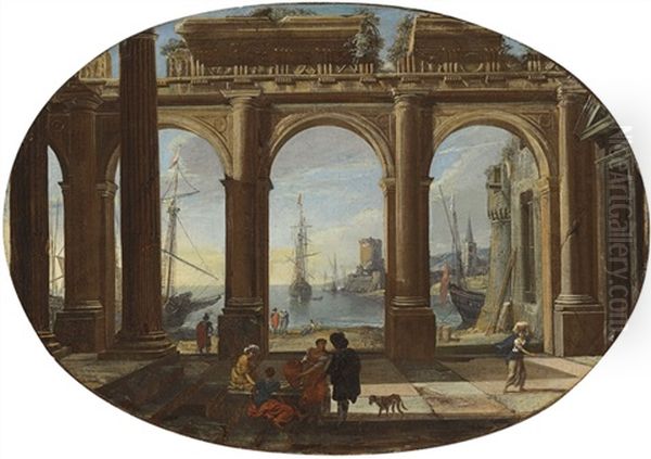 A Capriccio With Figures Beneath A Doric Colonnade, A Bay And The Torre Di San Vincenzo, Naples Beyond Oil Painting by Viviano Codazzi