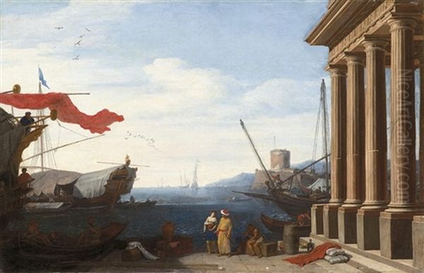 Porticato Dorico In Riva Al Mare, Con Velieri E Figure Di Orientali (collab. W/ Adriaen Van Der Cabel) Oil Painting by Viviano Codazzi