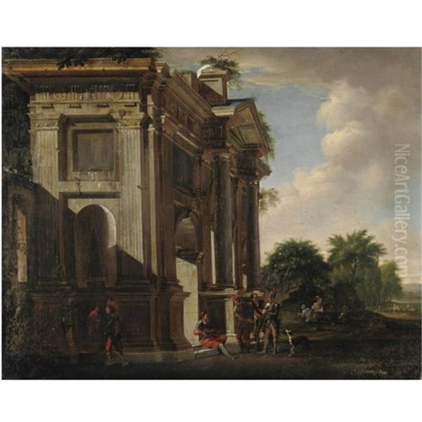 Capriccio Architettonico Arco Trionfale E Soldati (collab. W/ Adriaan Van Der Cabel) Oil Painting by Viviano Codazzi