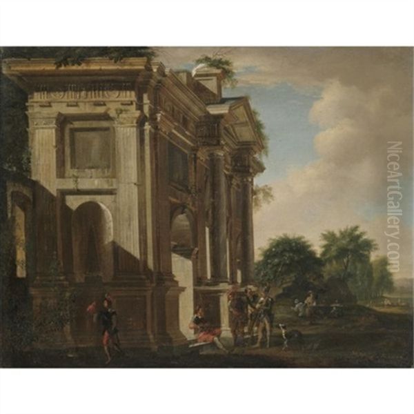 Soldiers Resting Before A Classical Building by Viviano Codazzi