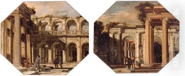 Figures Conversing Amongst Classical Colonnades (collab. W/domenico Gargiulo, Called Micco Spadaro + Another; Pair)) Oil Painting by Viviano Codazzi