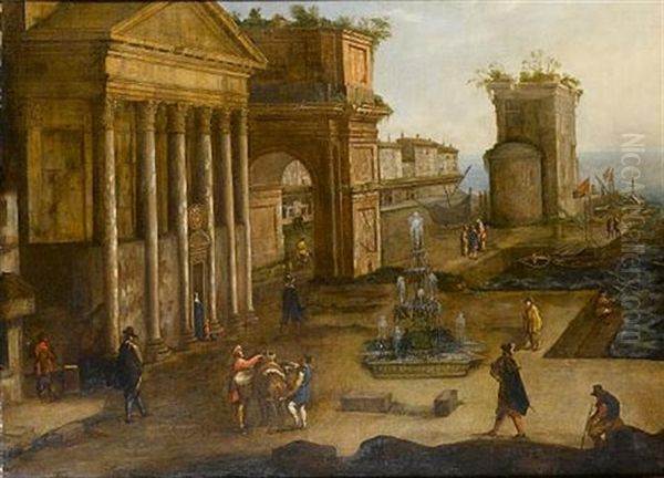 A Capriccio Of A Roman Harbour With A Traveller And His Mule, A Fisherman At The Quayside And Other Figures Oil Painting by Viviano Codazzi