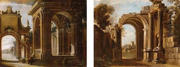 A Architectural Capriccio With Figures By A Fountain (+ A Capriccio With A Figure With His Dog Resting By A Well; Pair) Oil Painting by Viviano Codazzi