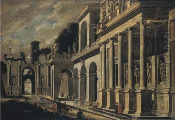 Capriccio Architettonico Con Edifici Classici Con Pronao A Colonnato Corinzio E Statue, E Arco Trionfale (collab. W/domenico Gargiulo) Oil Painting by Viviano Codazzi