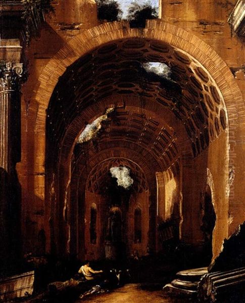 Pastori All'interno Della Basilica Di Massenzio (in Collab. W/filippo Lauri) Oil Painting by Viviano Codazzi