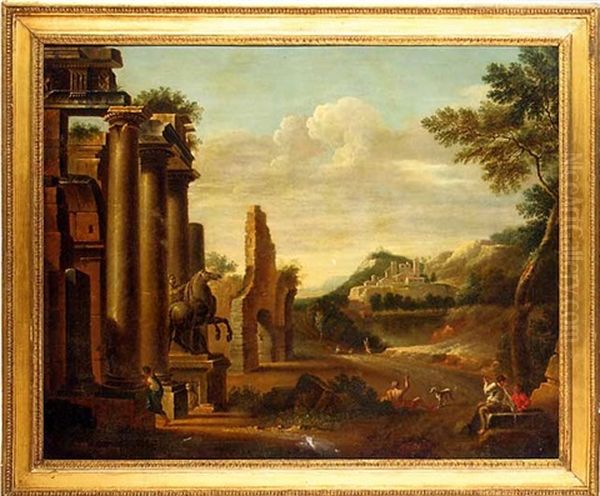 A Capriccio Of Classical Ruins With Figures On A Road, A Landscape With A Town Beyond Oil Painting by Viviano Codazzi