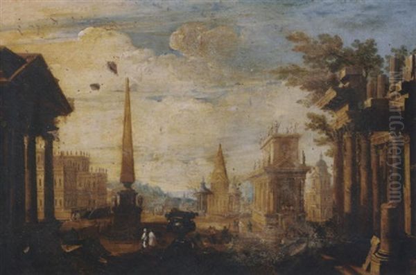 A Capriccio Of Classical Ruins And Renaissance Buildings With Cattle Gathering Around An Obelisk Oil Painting by Viviano Codazzi