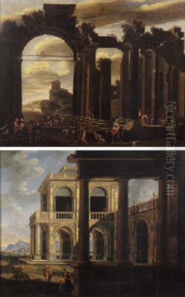 Ruderi Di Un Edificio Di Ordine Tuscanico, Con Un Paesaggio Mediterraneo Sullo Sfondo Ed Il Tempio Di Vesta, Con Astanti Vari Oil Painting by Viviano Codazzi