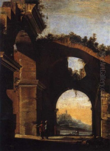 Veduta Prospettica Di Un Edificio Diruto, Con Due Astanti Vestiti Alla Moda Orientale Oil Painting by Viviano Codazzi