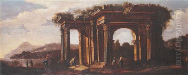 Figures Beside Classical Ruins In A Coastal Landscape Oil Painting by Viviano Codazzi