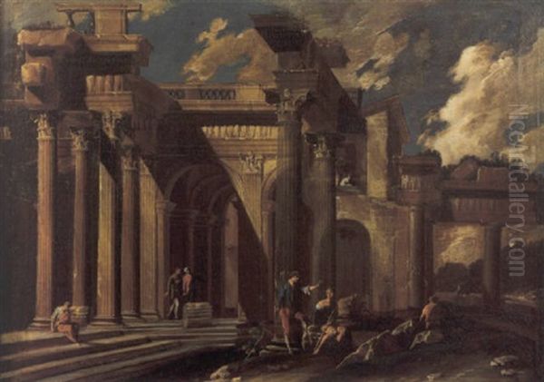 Rovine Di Un Edificio Antico Di Ordine Corinzio E Di Un Edificio Antico Di Ordine Tuscanico, Con Sei Astanti Oil Painting by Viviano Codazzi