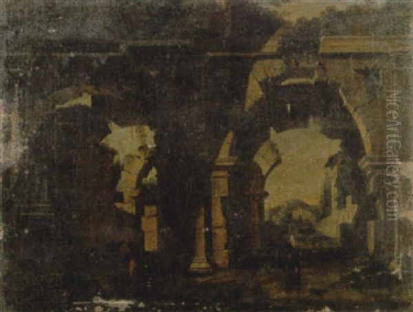 Loggiato Di Rovine Antiche Di Ordine Tuscanico Con Quatro Astanti In Primo Piano Oil Painting by Viviano Codazzi