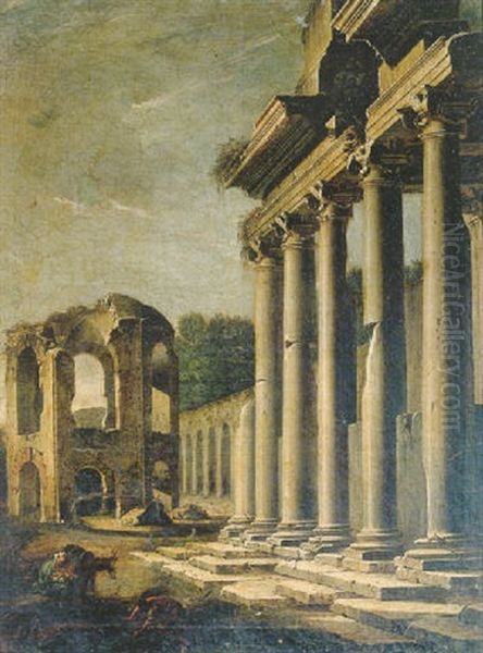 El Descanso De La Huida De Egipto Con Ruinas Classicas Y El Templo De Minerva Medica Oil Painting by Viviano Codazzi