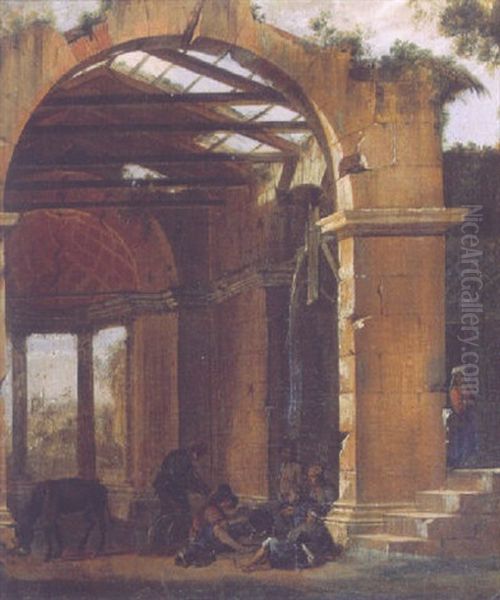 Bandits Around A Fire Among Classical Ruins Oil Painting by Viviano Codazzi