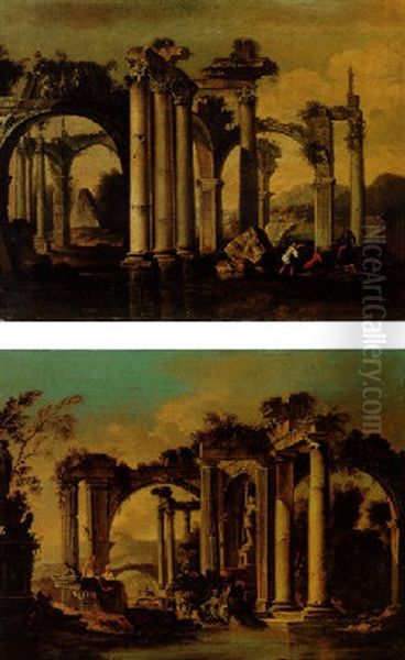 Cappricio Of Lakeside Classical Ruins With Peasants Oil Painting by Viviano Codazzi