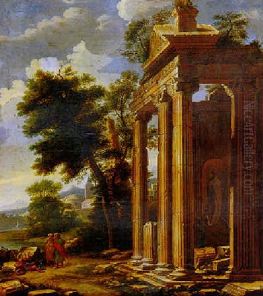 Landscape With Classical Ruins And Two Philosophers Greeting A Reclining Beggar Oil Painting by Viviano Codazzi