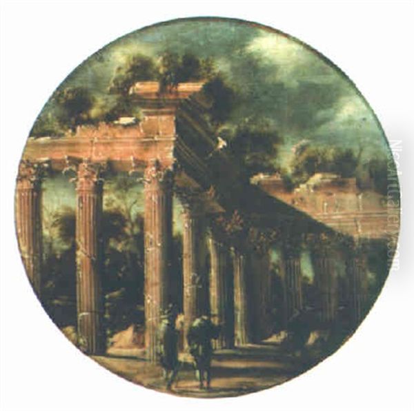 Figures Before A Ruined Classical Colonnade Oil Painting by Viviano Codazzi