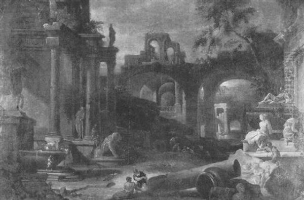 Capriccio Of Ruins Adorned By Roman Statues With Figures By A Fountain Oil Painting by Viviano Codazzi