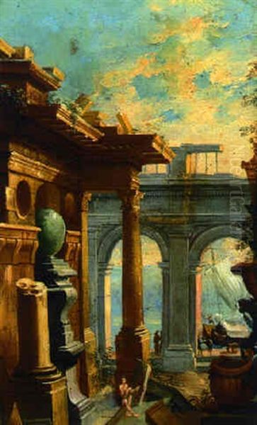 A Capriccio Of A Mediterraneau Harbour With Figures Amongst Classical Ruins Oil Painting by Viviano Codazzi