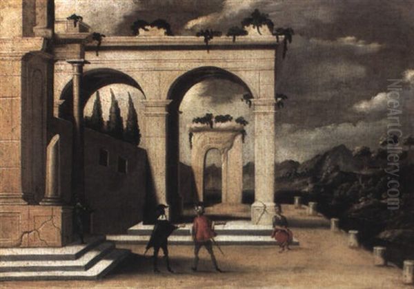 Architectural Capriccio In A Landscape With Figures Beside Ruins Oil Painting by Viviano Codazzi