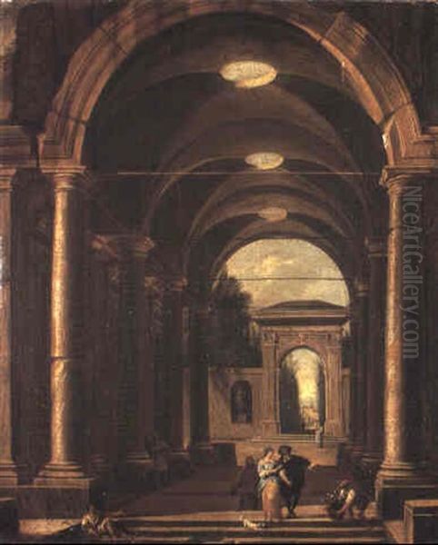 Portico Leading To A Garden With An Elegant Couple Promenading Oil Painting by Viviano Codazzi