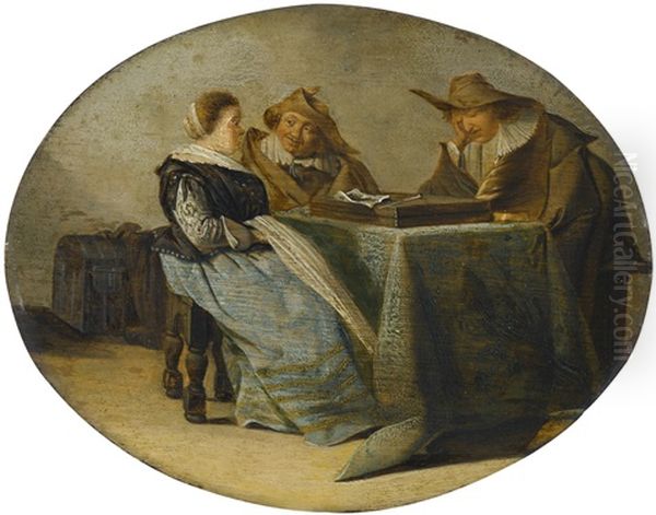 Interior With Two Men And A Woman Sitting By A Table Oil Painting by Pieter Jacobs Codde