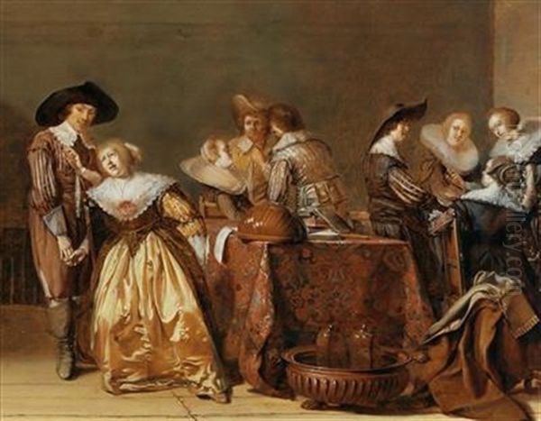 A Merry Company Conversing In An Interior Oil Painting by Pieter Jacobs Codde